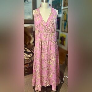 Garnet Hill 100% Linen Halter Maxi Dress Pink Tropical Leaf Print